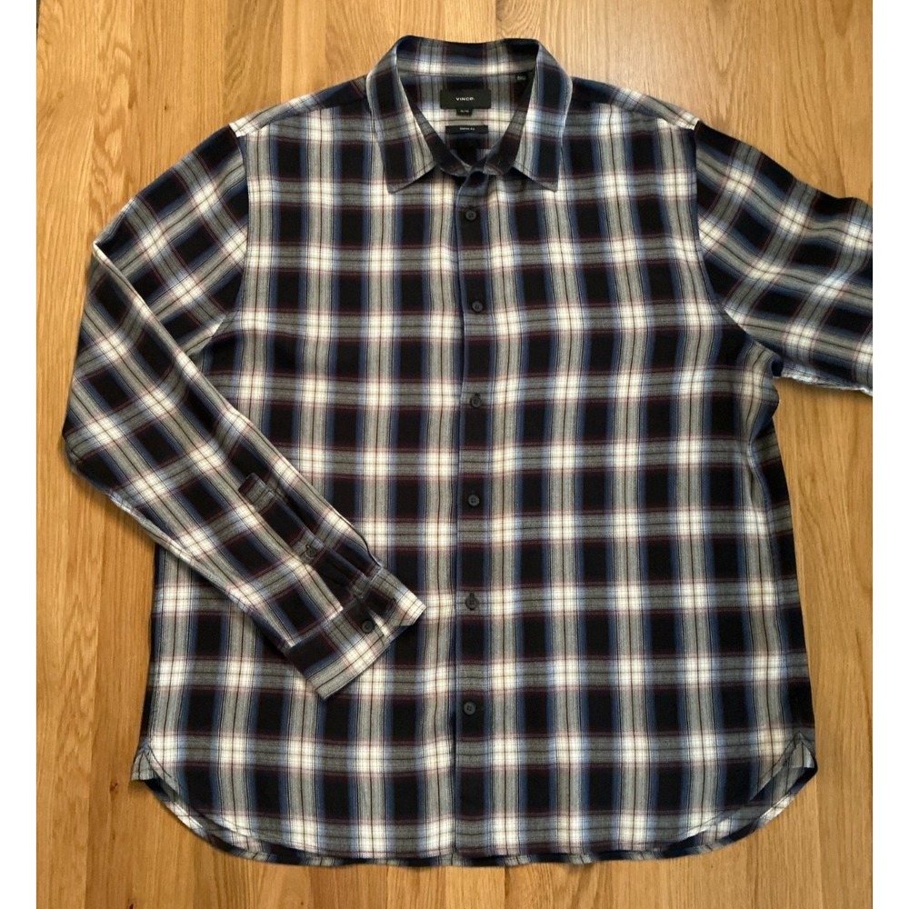 Vince Mens‎ XL Plaid Button Up Shirt Blue Burgundy Cotton Rayon Long Sleeve